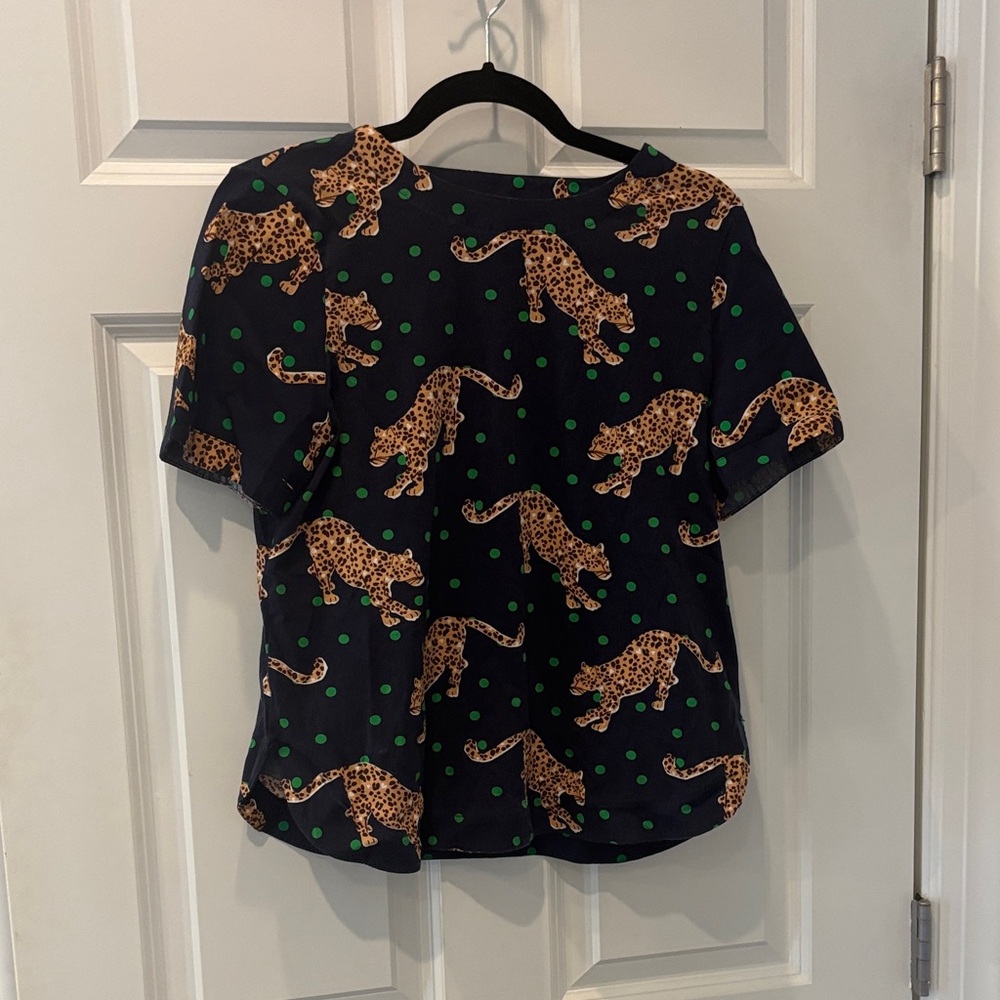 Anthropologie Maeve Navy Shirt with Leopard Motif & Green Dots - NWOT